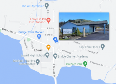Image showing map of location of the Maggie Osgood Library and a picture of the exterior
